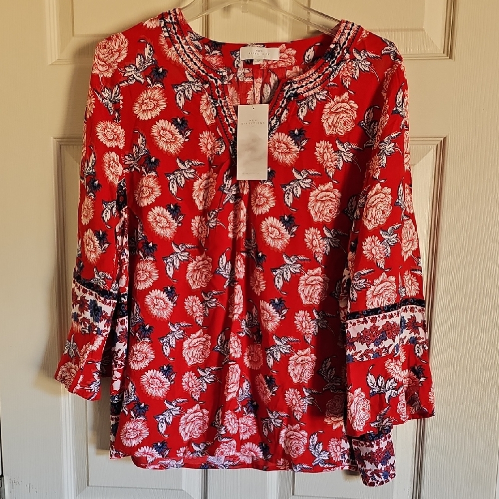 New Directions Vibrant Red Blouse with Floral Accents